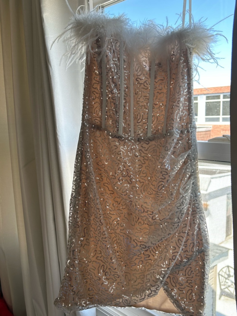 Windsor Blush Sequin Strapless Mini Dress with Feather Trim